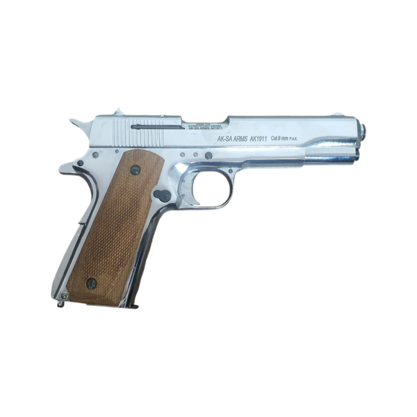 Photoroom-20241229_154243 (5) (24) Aksa Ak1911 Shiny Chrome/ Walnut 9mm Pepper Blank Gun