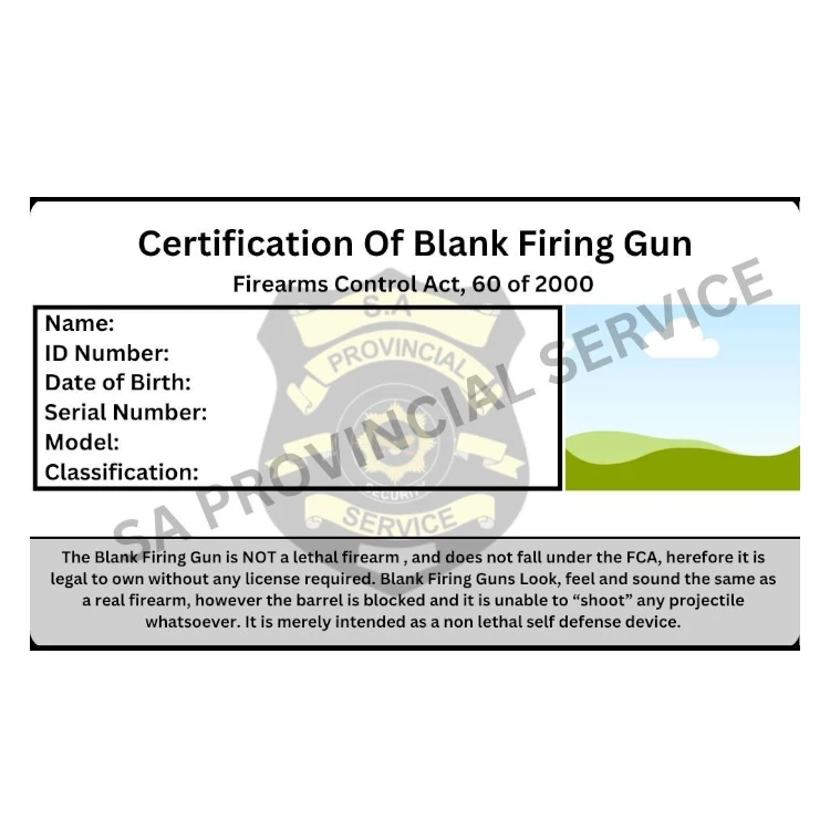 Official Certificate of Blank Firing Gun South Africa