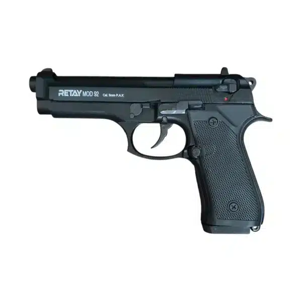 Retay Mod 92 Black blank gun right side profile showing slide markings, trigger assembly, and textured grip handle Retay Mod 92 Black blank gun right side profile showing slide markings, trigger assembly, and textured grip handle