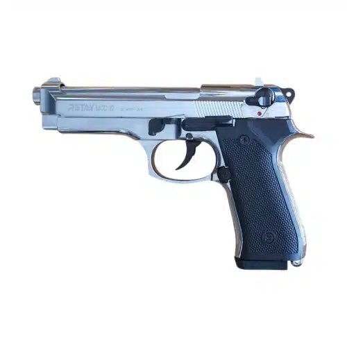 Retay Mod 92 shiny chrome blank gun right profile view displaying full metal slide and lanyard loophole