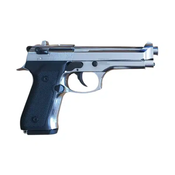 Retay Mod 92 shiny chrome blank gun left profile view showing Cal 9mm PAK engraving and safety lever