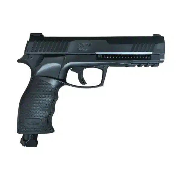 Umarex TP50 Gen 2 T4E right profile view showing spring loading lever, lower Picatinny rail, and green iron sights Umarex TP50 Gen 2 T4E right profile view showing spring loading lever, lower Picatinny rail, and green iron sights