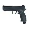 Umarex TP50 Gen 2 T4E .50 caliber CO2 gas gun left profile view showing quick-pierce grip nozzle and T4E markings Umarex TP50 Gen 2 T4E .50 caliber CO2 gas gun left profile view showing quick-pierce grip nozzle and T4E markings