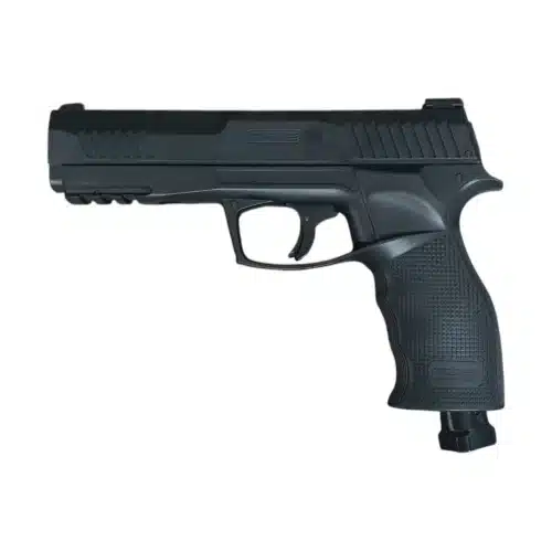 Umarex TP50 Gen 2 T4E .50 caliber CO2 gas gun left profile view showing quick-pierce grip nozzle and T4E markings