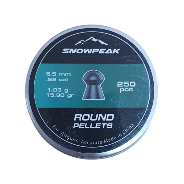 Snowpeak Round 5.5mm .22 calibre 15.90gr airgun pellets in a 250-pellet tin