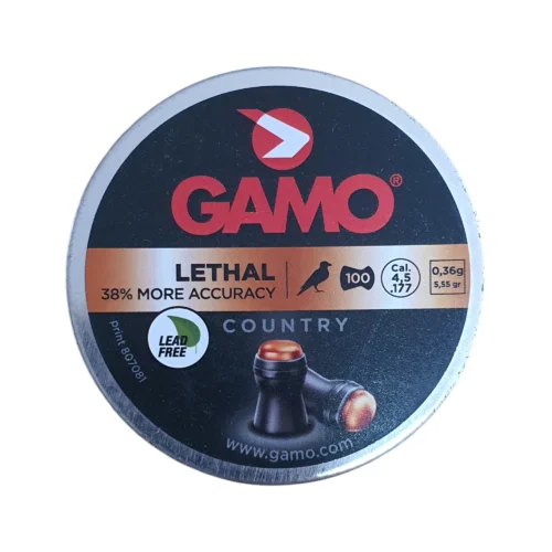 Gamo Lethal 4.5mm .177 lead-free airgun pellets with black polymer skirts and metal noses in a 100-pellet tin