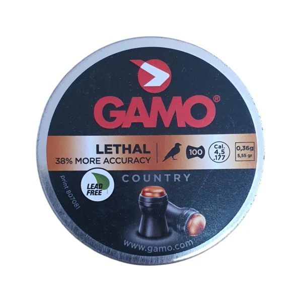 Gamo Lethal 4.5mm .177 lead-free airgun pellets with black polymer skirts and metal noses in a 100-pellet tin