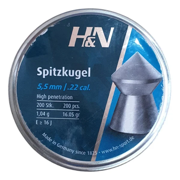 H&N Spitzkugel 5.5mm .22 calibre 16.05gr pointed airgun pellets in a 200-pellet tin