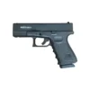 Left profile view of the full black Kuzey GN19 9mm blank gun showing the slide markings, stippled handle, and trigger safety.