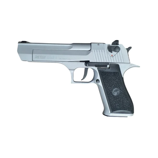Retay Eagle X Matte Chrome blank-firing pistol with a light matte chrome finish Retay Eagle X Matte Chrome blank-firing pistol with a light matte chrome finish