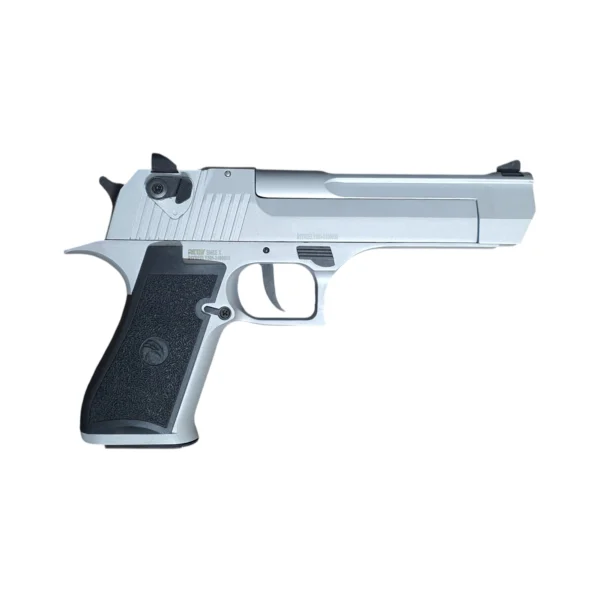 Side view of the Retay Eagle X Matte Chrome showing its oversized Desert Eagle-inspired design Side view of the Retay Eagle X Matte Chrome showing its oversized Desert Eagle-inspired design